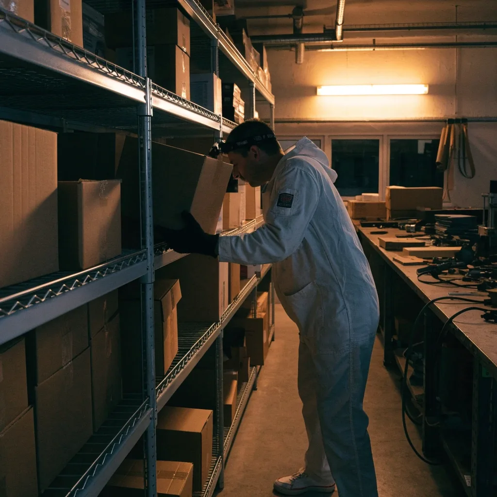 Mitarbeiter im Lagerbüro eines mittelständischen Betriebs bei Morgenlicht