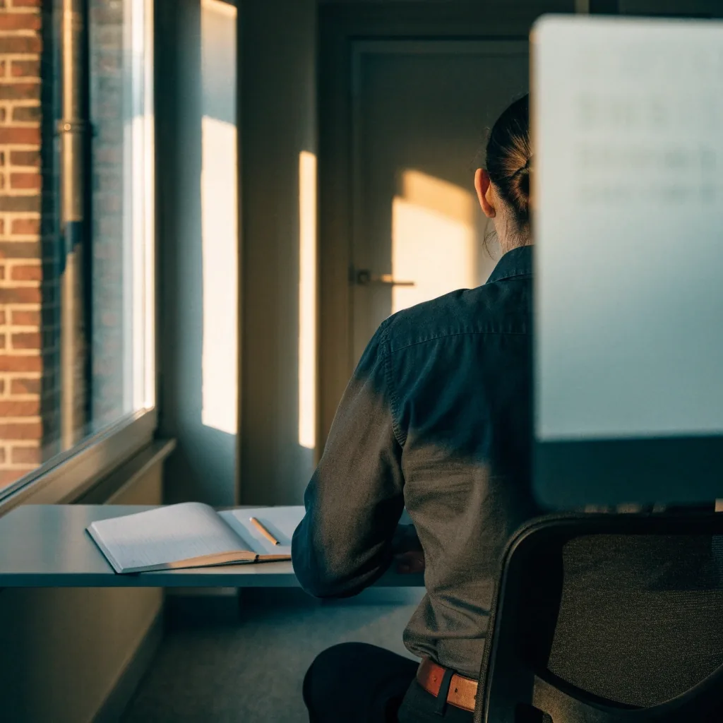 Person von hinten an einem Arbeitsplatz im ruhigen Büro, Morgenlicht von links