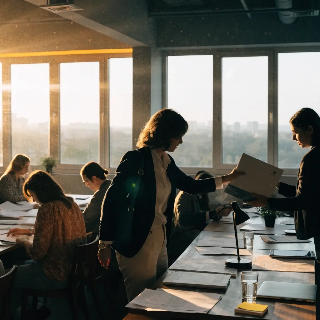 HR-Team-Tisch aus der Entfernung mit Fensterreihe im Hintergrund