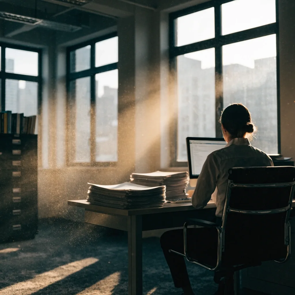 Person von hinten am Bildschirm in einem ruhigen Büro am Morgen