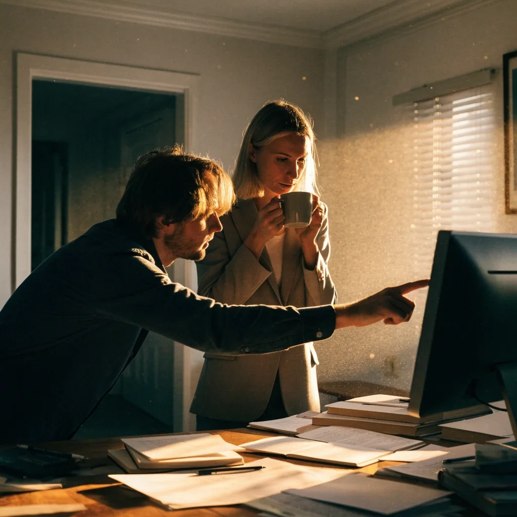 Morgenlicht in einem Büro eines mittelständischen Betriebs, zwei Personen zwischen Arbeitsplätzen
