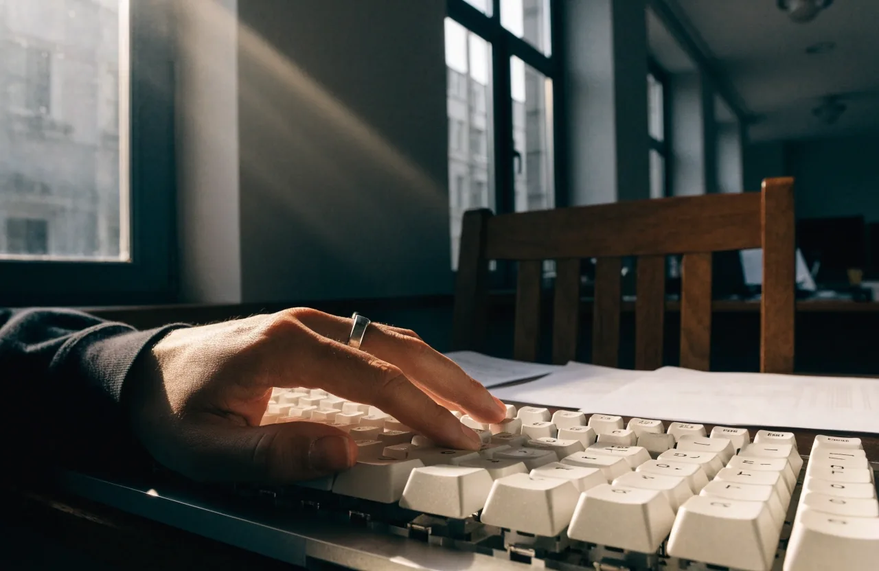 Hand an einer Tastatur im Morgenlicht eines Betriebsbüros